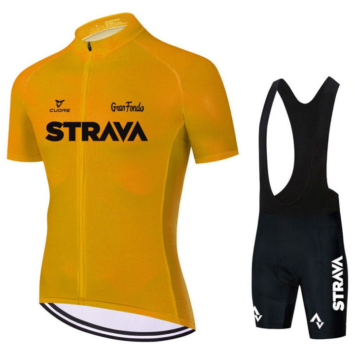 Men's cycling jersey and padded shorts set in black, designed for comfort & performance.