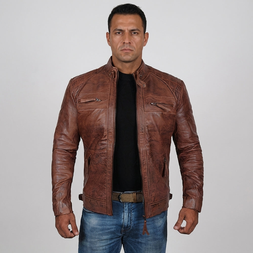 Men's rugged motorcycle jacket with durable construction, multiple zipper pockets & classic biker style for confident rides.