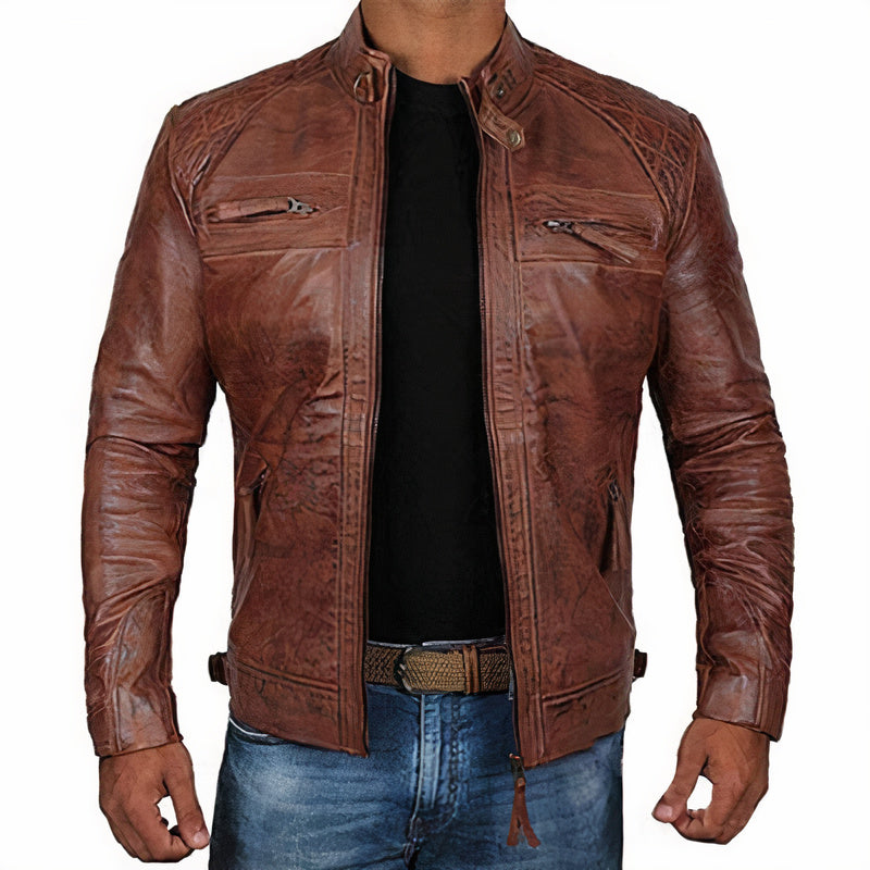 Stylish men's biker jacket for urban fashion & adventure. Features rugged design & comfortable fit for confident rides.