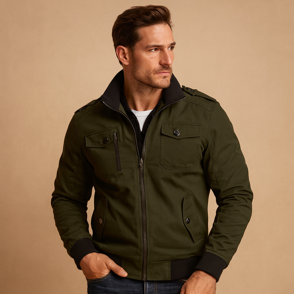 Durable multi-pocket men's tactical bomber jacket, military-style outerwear for rugged fashion.