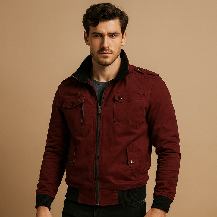 Men's fashion tactical bomber jacket, rugged military style, durable outerwear with multiple pockets.