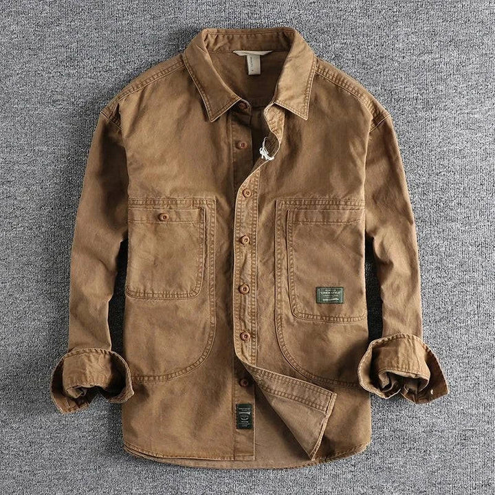 Men's rugged Taupe field shirt, durable button-down utility shirt for casual wear & outdoor adventures.