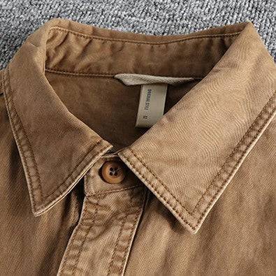 Taupe men's durable field shirt, a rugged button-down that works as a versatile casual shirt or light outerwear.
