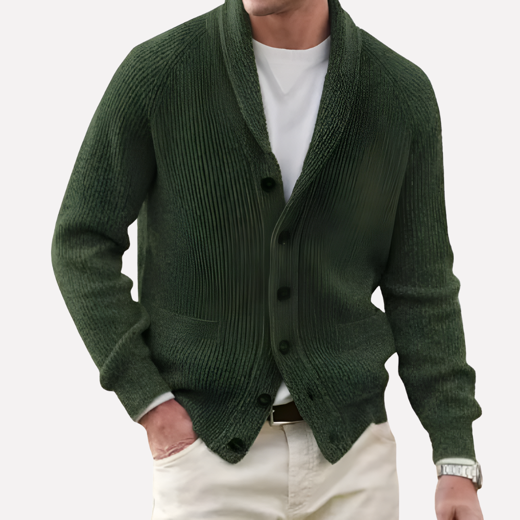 Classic men's long sleeve shawl collar cardigan, button-front, perfect for comfortable fall fashion & layering.