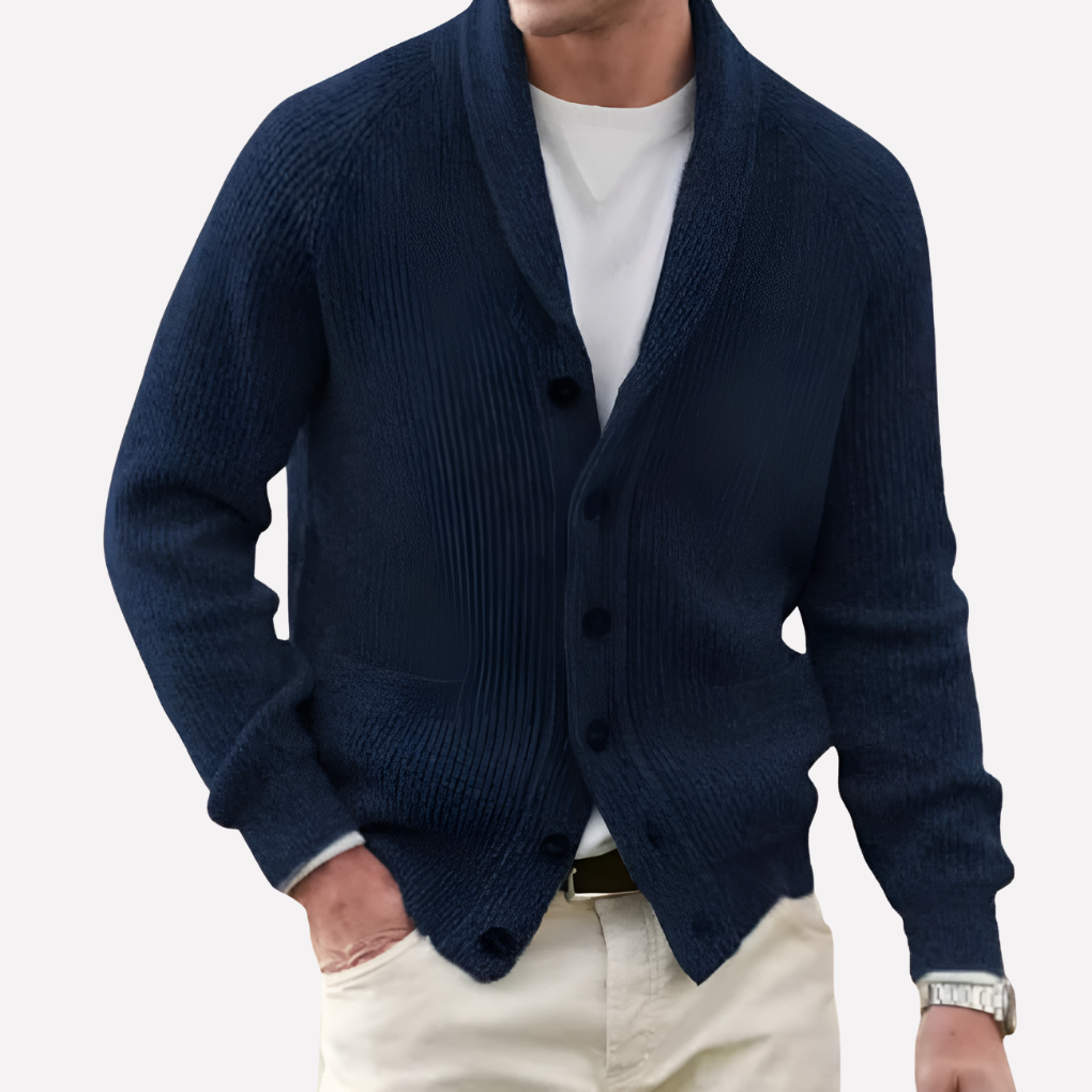 Versatile men's button-front cardigan with elegant shawl collar, ideal for casual or smart casual outfits.
