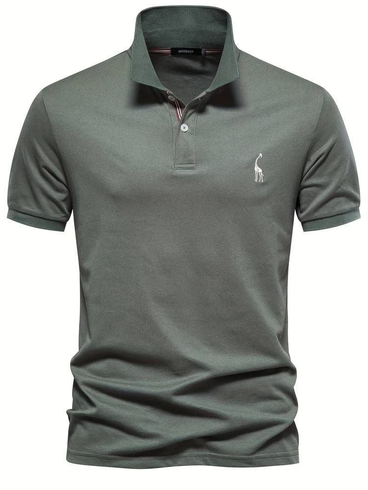 Men's short sleeve golf polo shirt with unique playful giraffe embroidery, perfect for the course or casual wear.