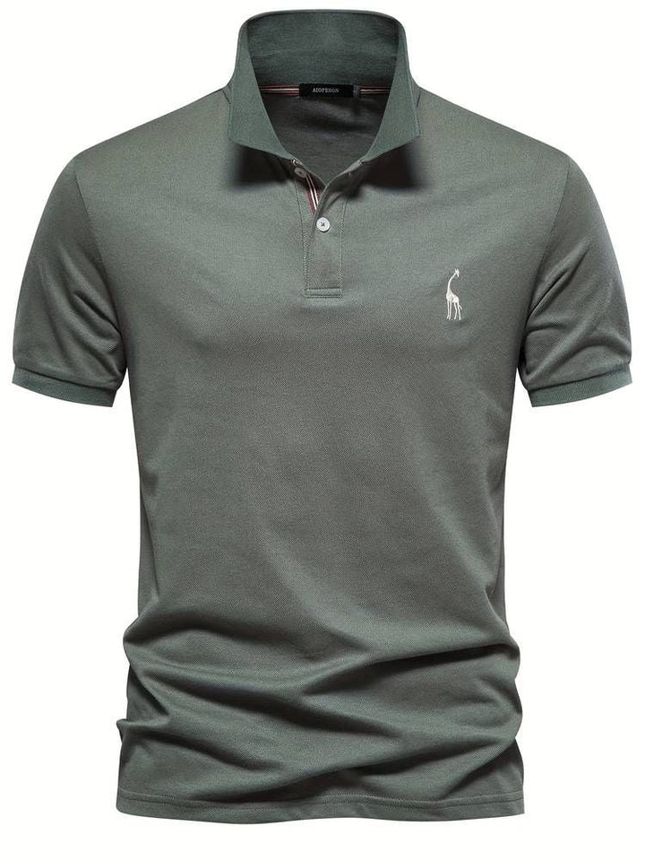 Men's short sleeve golf polo shirt with unique playful giraffe embroidery, perfect for the course or casual wear.