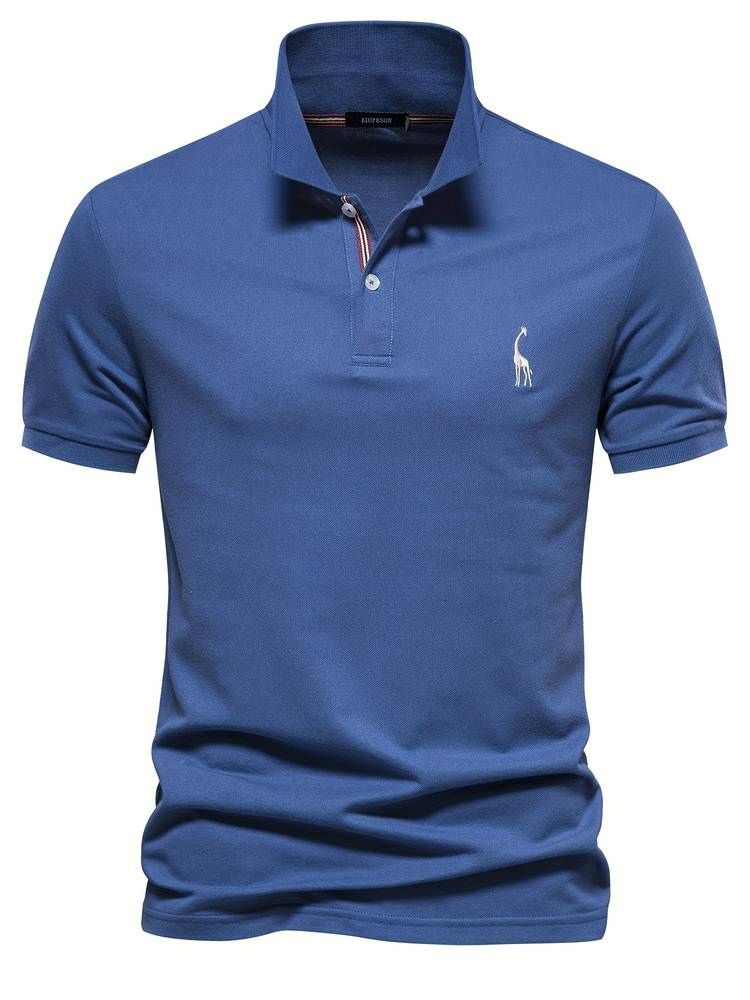 Close-up of men's comfort fit polo shirt showing embroidered playful giraffe design on chest. Ideal for golf.