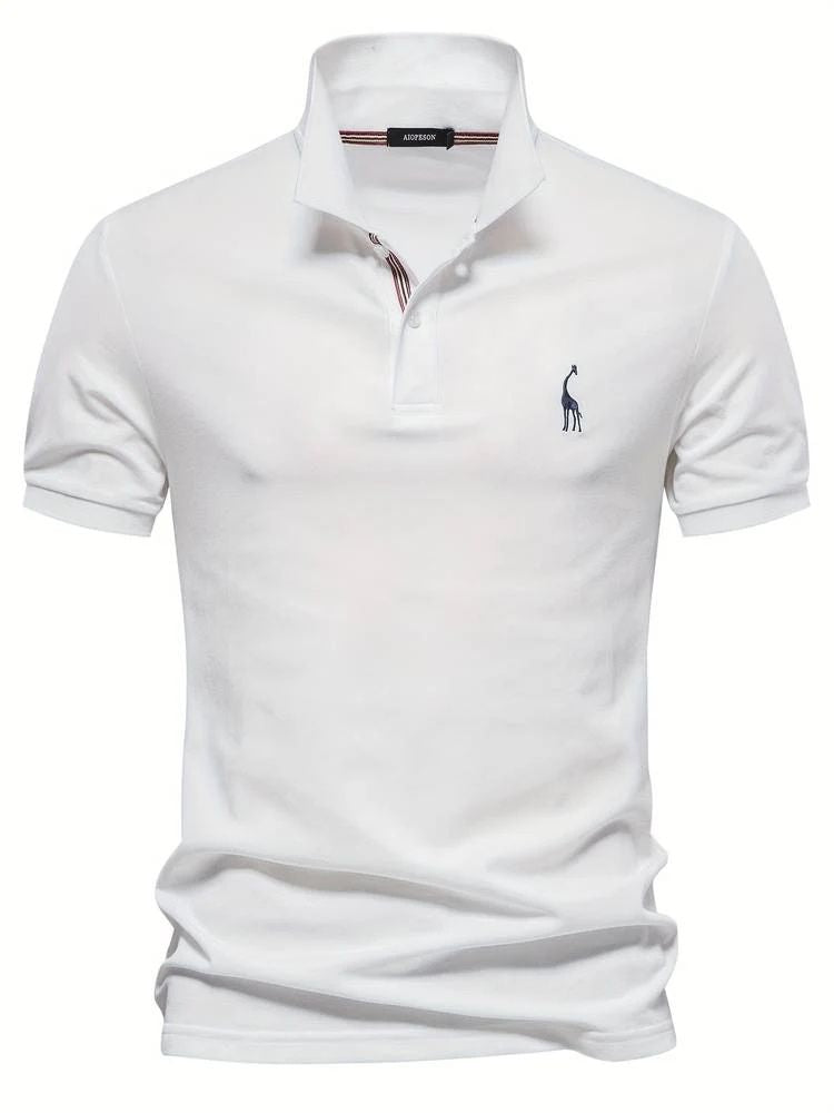 Stylish men's short sleeve polo in a comfort fit, featuring a distinctive playful giraffe for golf or casual events.