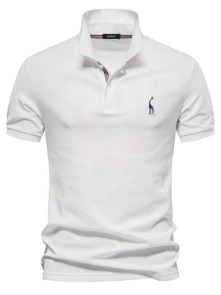 Stylish men's short sleeve polo in a comfort fit, featuring a distinctive playful giraffe for golf or casual events.