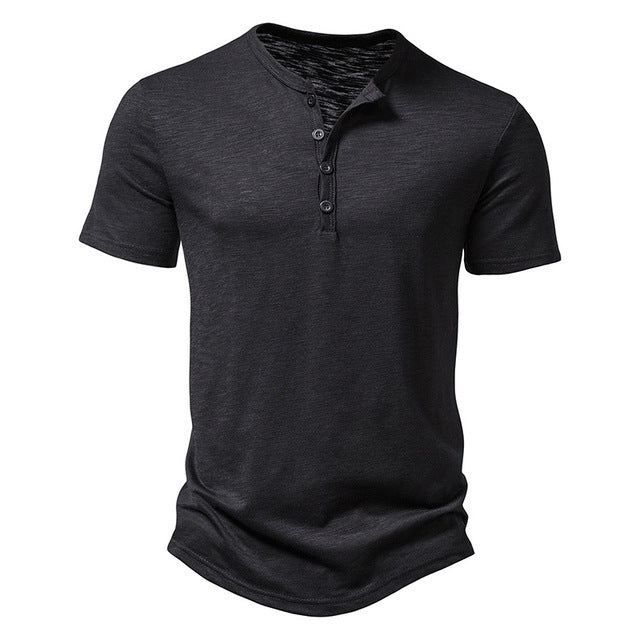 Men's short sleeve Henley t-shirt in soft cotton, perfect for casual everyday comfort & summer style.