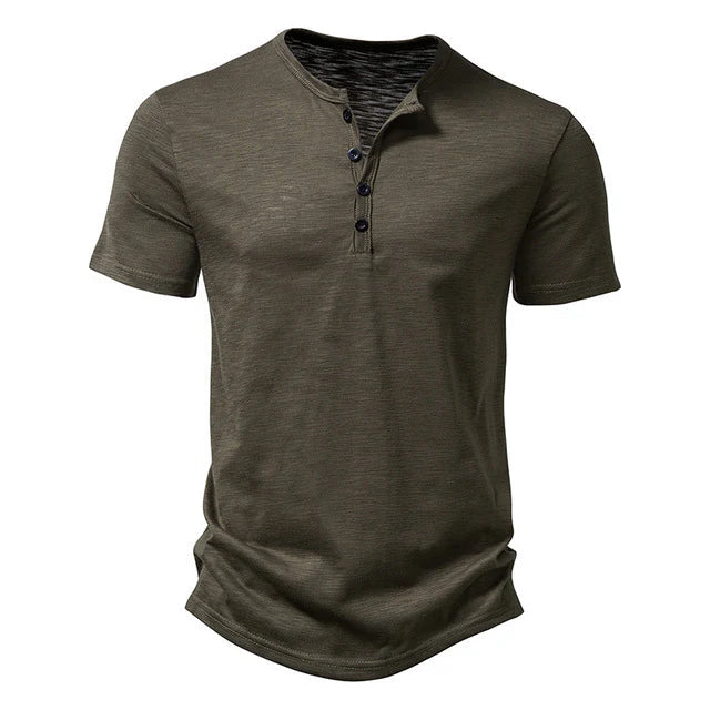 Stylish men's short sleeve Henley shirt for casual summer wear. Comfortable everyday top with crew neck.
