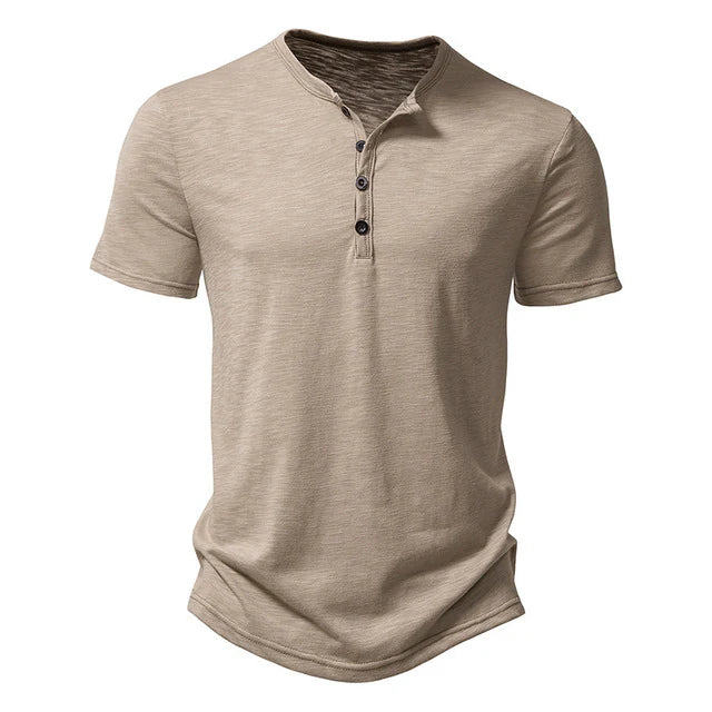 Comfortable men's cotton blend short sleeve Henley t-shirt with a classic 3-button placket for summer.