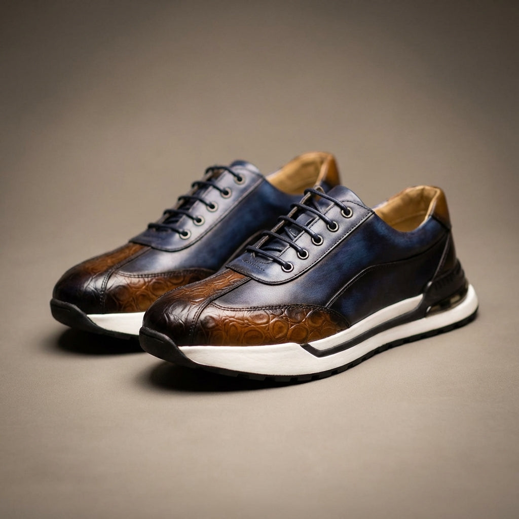 Sleek blue men's casual sneakers with orthopedic support for versatile style.