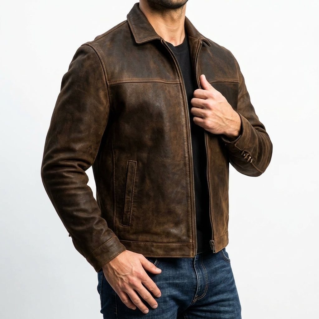 Modern men's Sleek Carver jacket, available in green, blue & brown, a classic fit casual zipper outerwear.