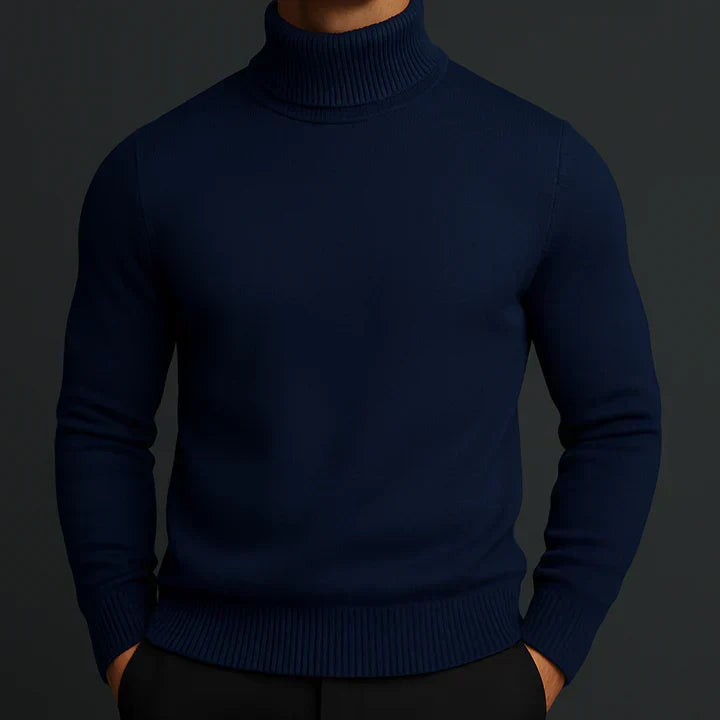 Refined men's long-sleeve turtleneck sweater, a versatile top for winter layering & elegant casual fashion.