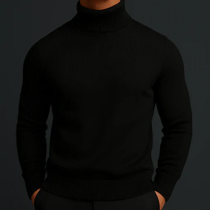Comfortable men's long-sleeve turtleneck sweater, essential for sleek winter fashion & layered elegance.