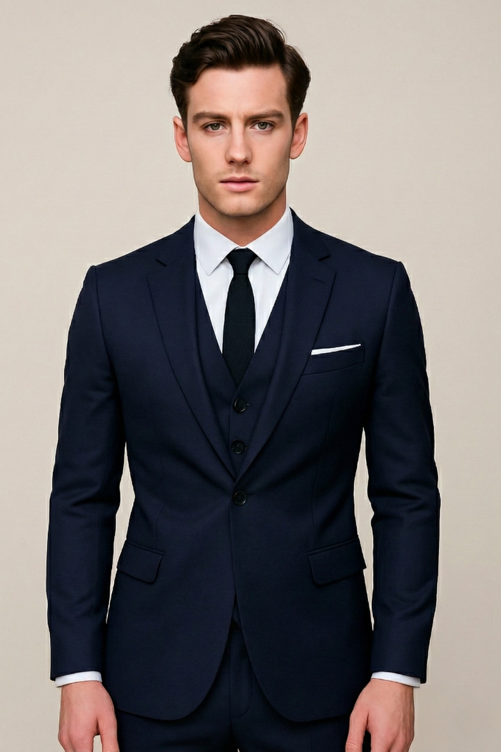 Men's slim fit 3-piece formal suit in dark grey, perfect for weddings, business, or elegant events. Tailored professional wear.