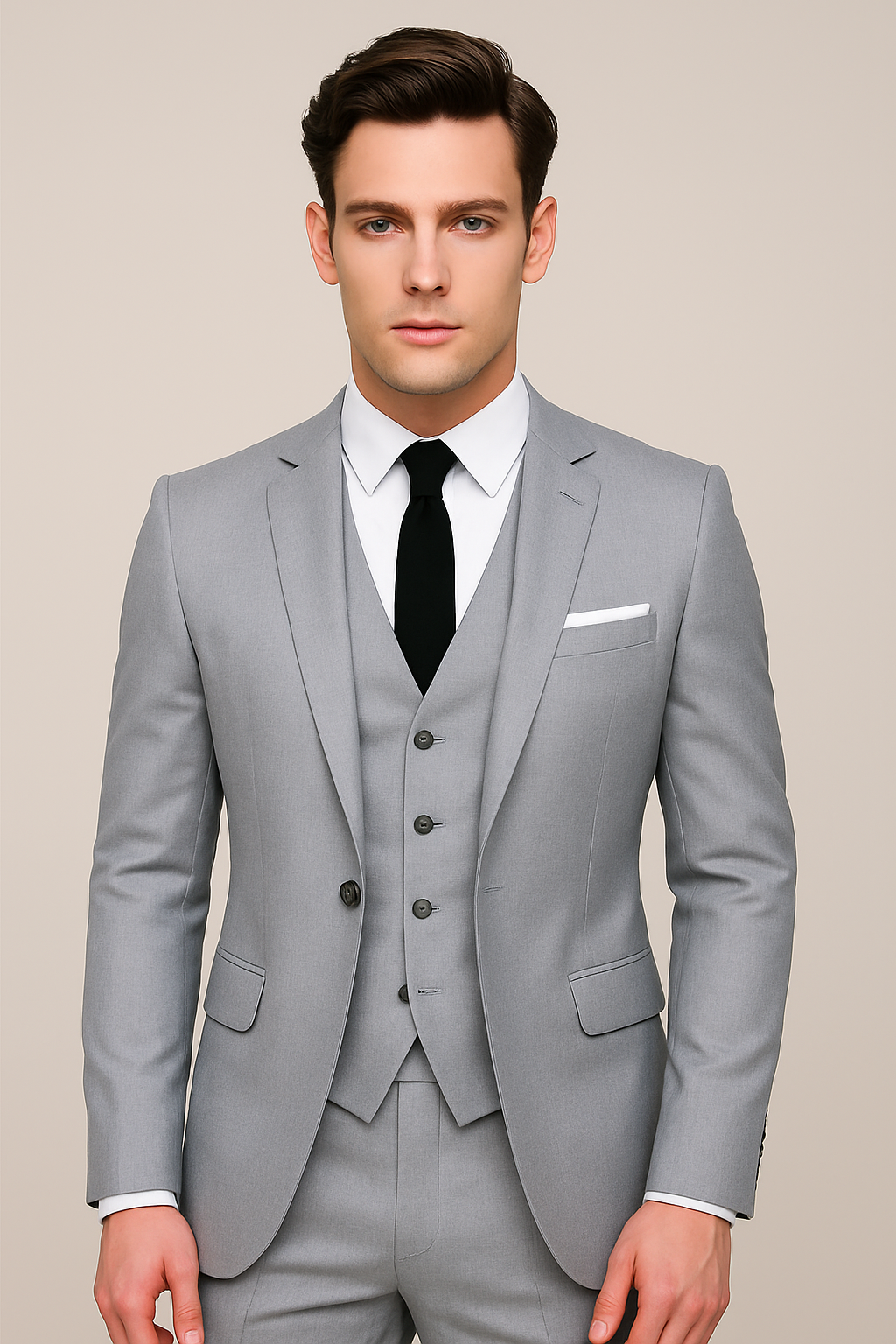 Elegant men's 3-piece slim fit suit, includes jacket, vest, & trousers. Ideal for weddings, business & formal occasions.