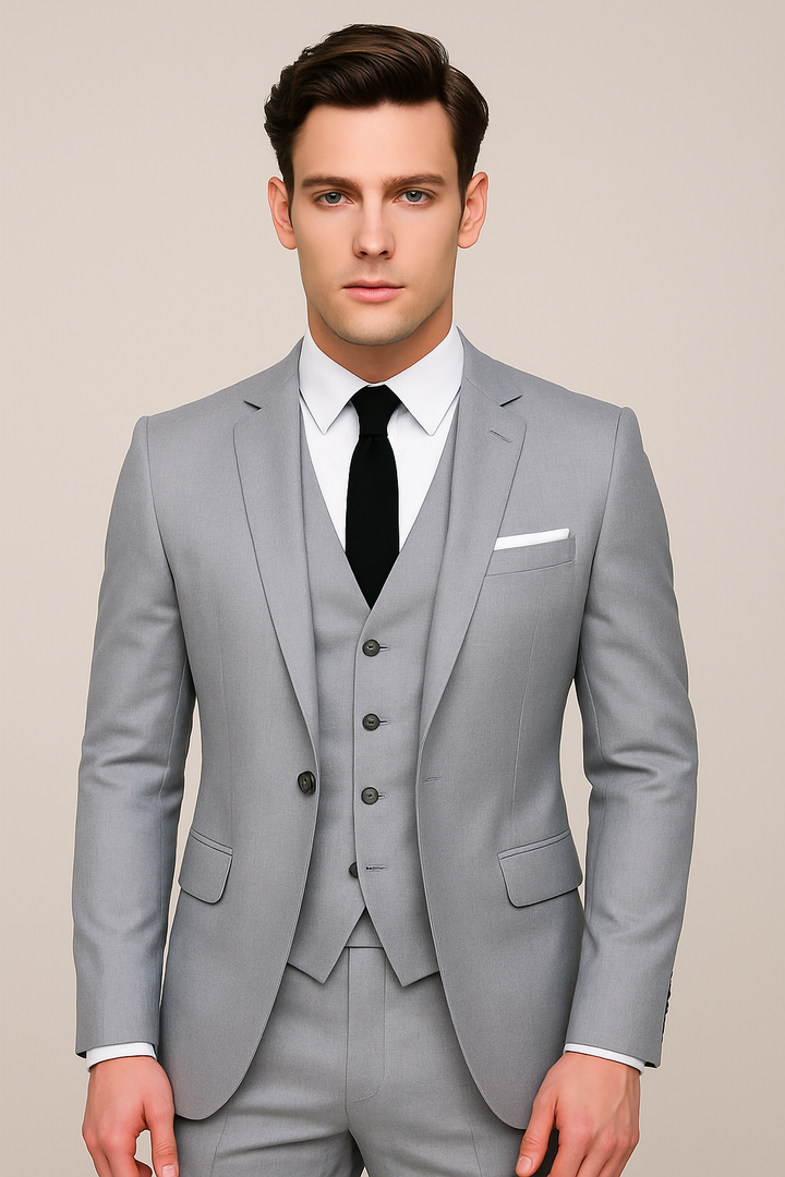 Elegant men's 3-piece slim fit suit, includes jacket, vest, & trousers. Ideal for weddings, business & formal occasions.