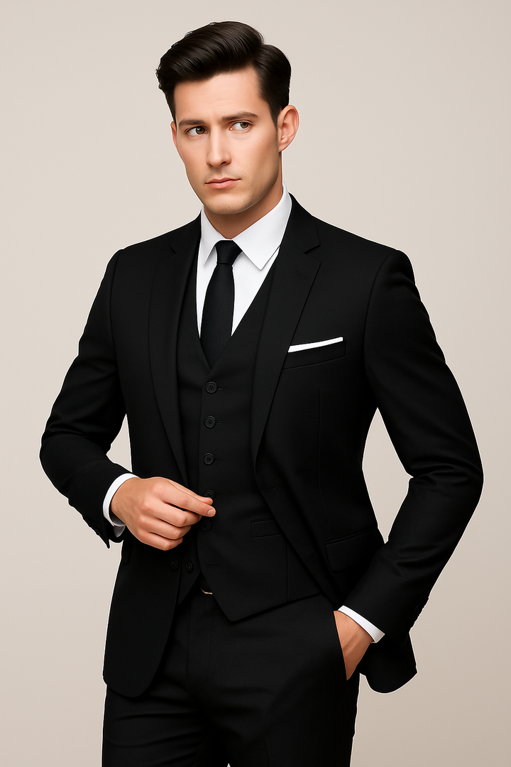 Professional men's slim fit 3-piece suit with a crisp white shirt & tie, ready for business meetings or formal events.