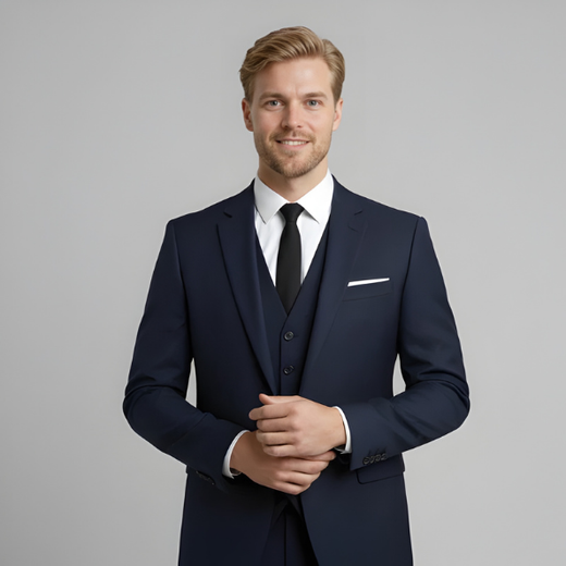 Men's slim fit 3-piece formal suit set in navy, perfect for business, weddings, and elegant events.