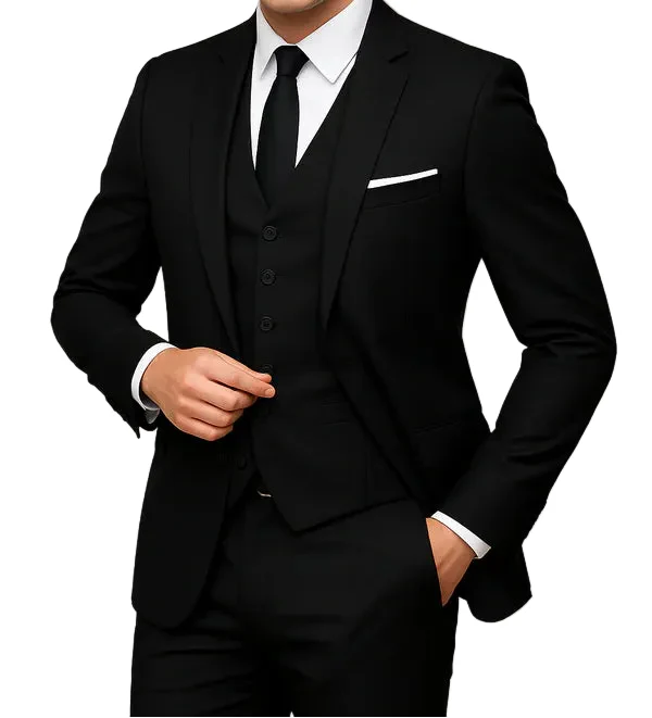 Modern men's slim fit 3-piece formal suit in classic black for a sleek, elegant style. Ideal for fashion.