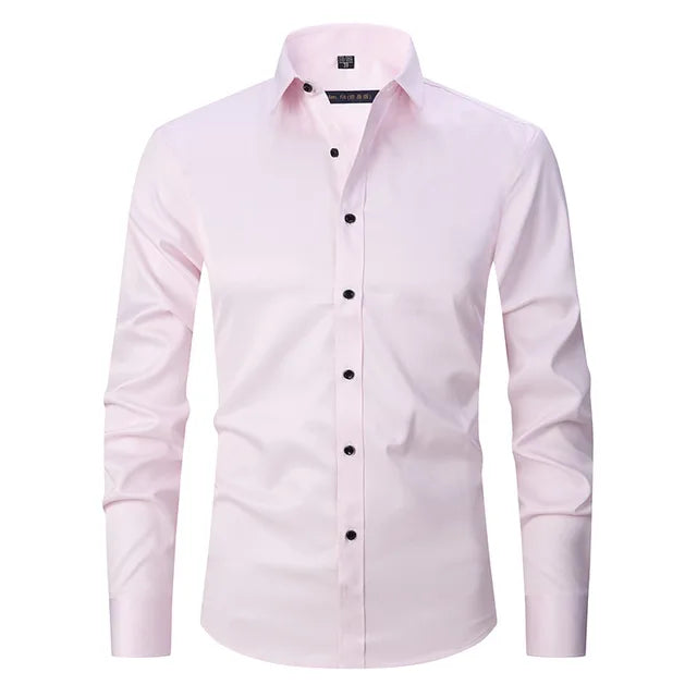 Side profile of a man showcasing the fit of a slim-fit button-down dress shirt.