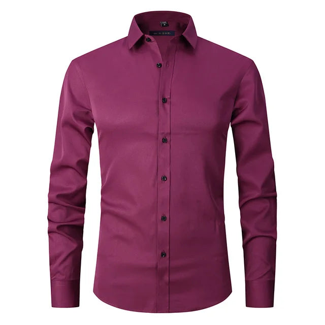Versatile men's slim-fit button-down dress shirt paired with dark trousers.
