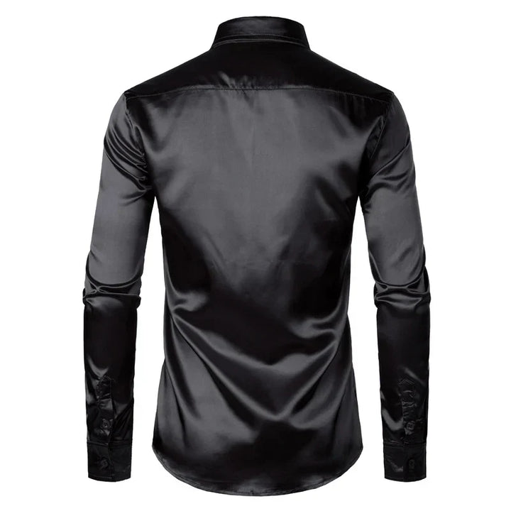 Sharp men's slim fit button-down dress shirt. Features a modern pointed collar, enhancing men's formal attire.