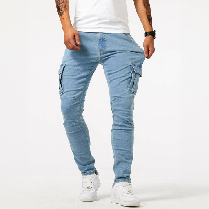 Stylish men's slim fit utility pants, perfect for everyday wear, featuring side cargo pockets.