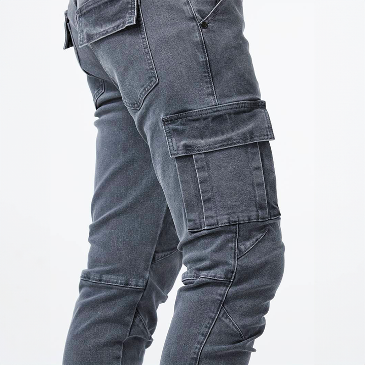 Durable men's slim fit pants combining cargo utility with a contemporary design and convenient flap pockets.