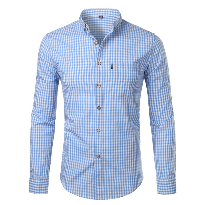 Men's slim fit checkered button down shirt, long sleeve, modern style for smart casual look.
