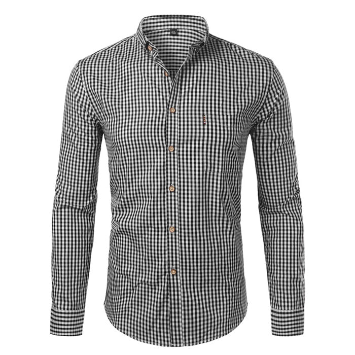 Classic checkered pattern men's shirt, slim fit button down, ideal for casual or smart casual wear.