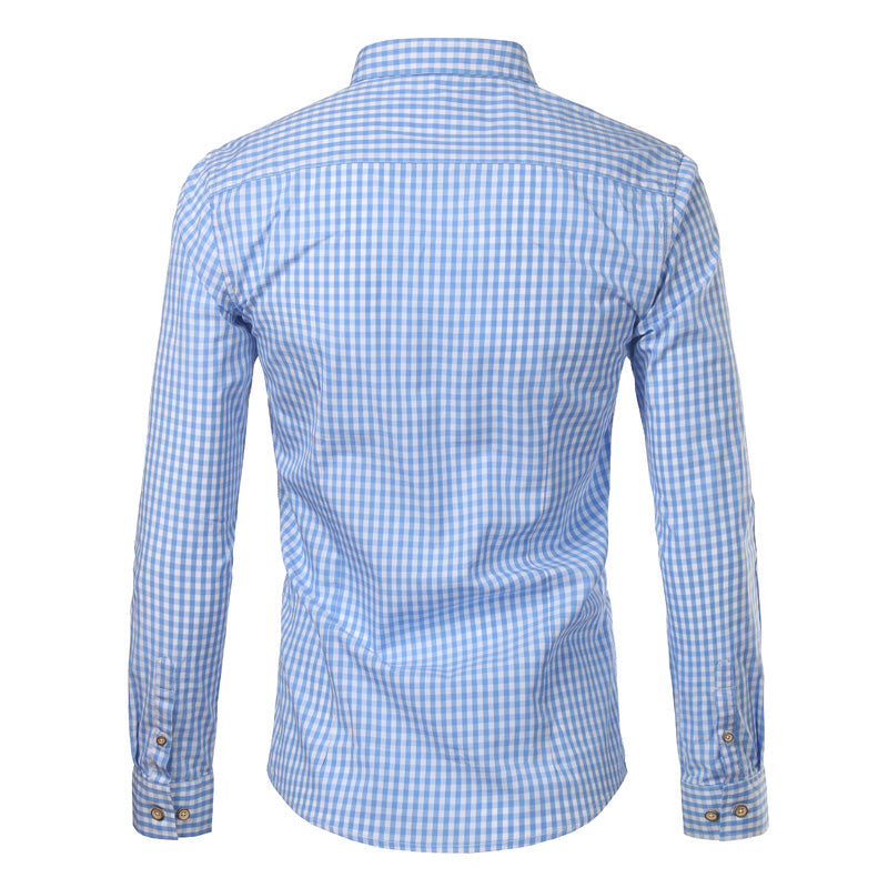 Modern men's slim fit checkered shirt, long sleeve button down, versatile for stylish everyday fashion.