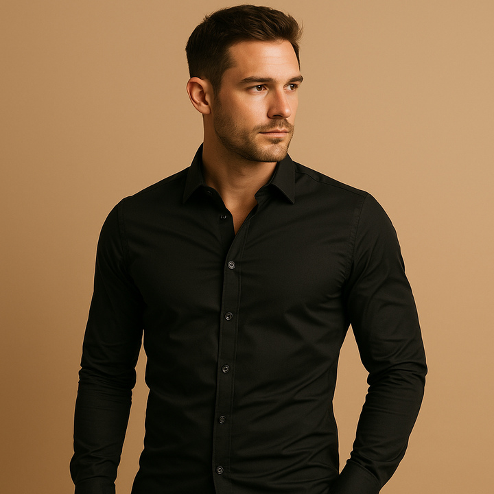 Men's slim fit dress shirt, modern tailored style, long sleeve, collared for versatile formal & casual wear.