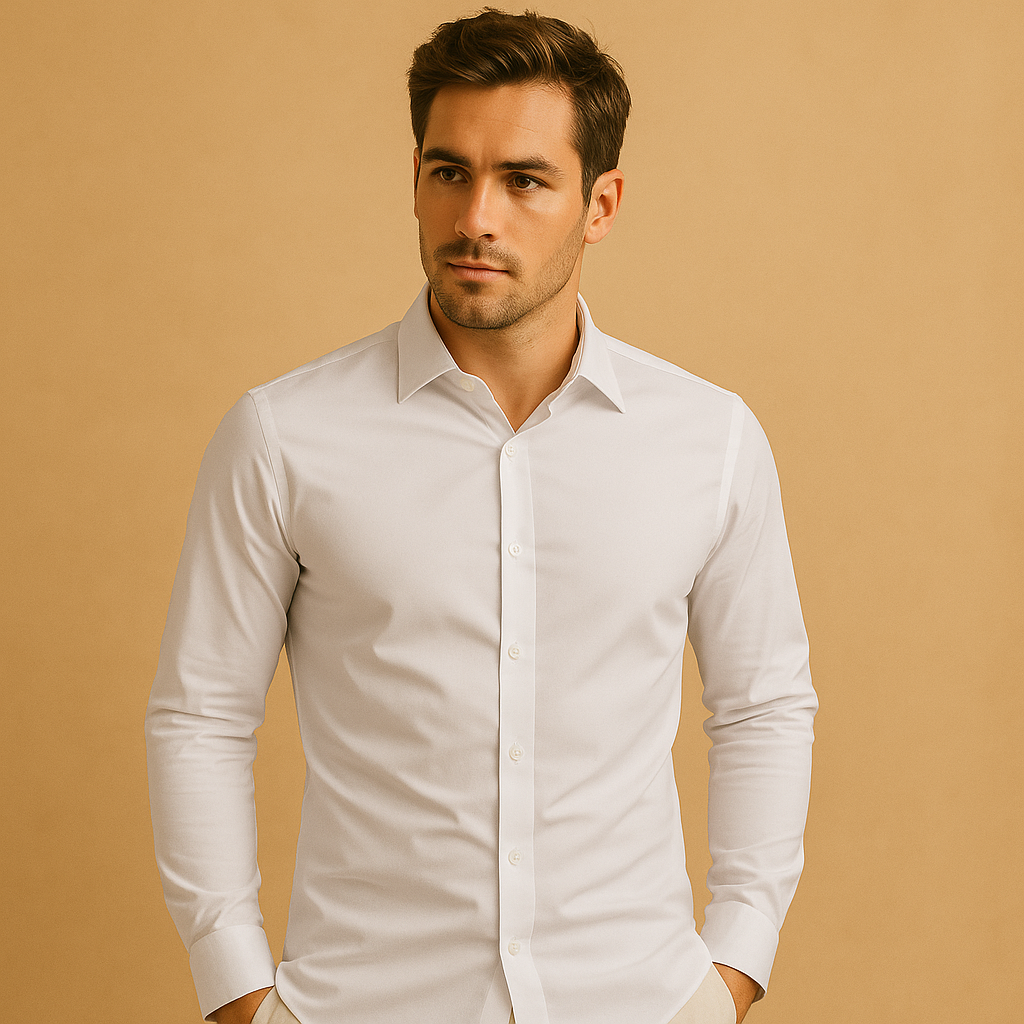 Close-up of a men's modern tailored slim fit dress shirt, showing crisp fabric and button detailing.
