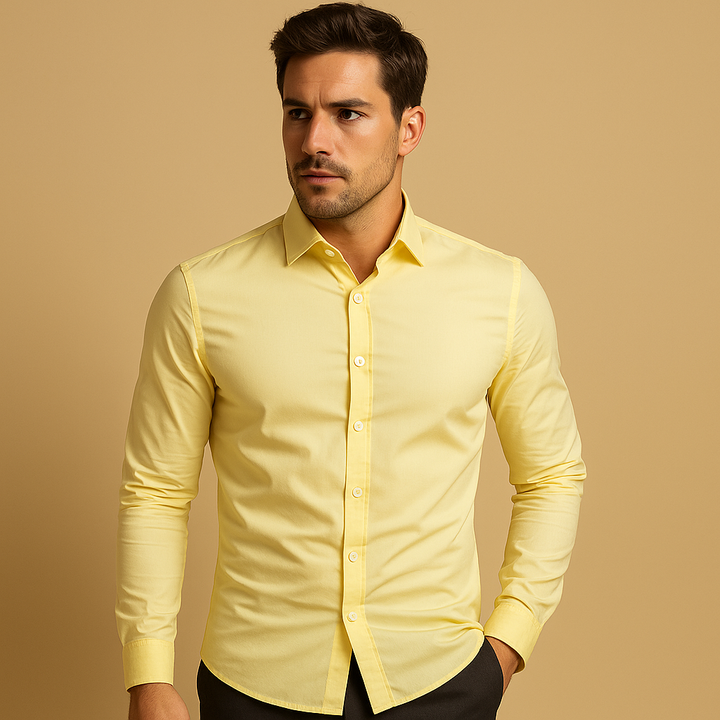 Elegant men's slim fit dress shirt, perfect for sophisticated office style, formal events, or smart casual outfits.