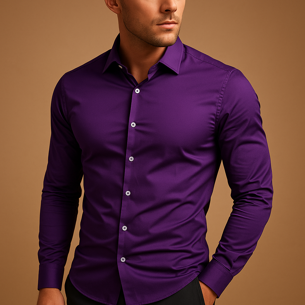 Stylish men's slim fit dress shirt, modern tailored design, long sleeve, perfect for a sharp, sophisticated appearance.