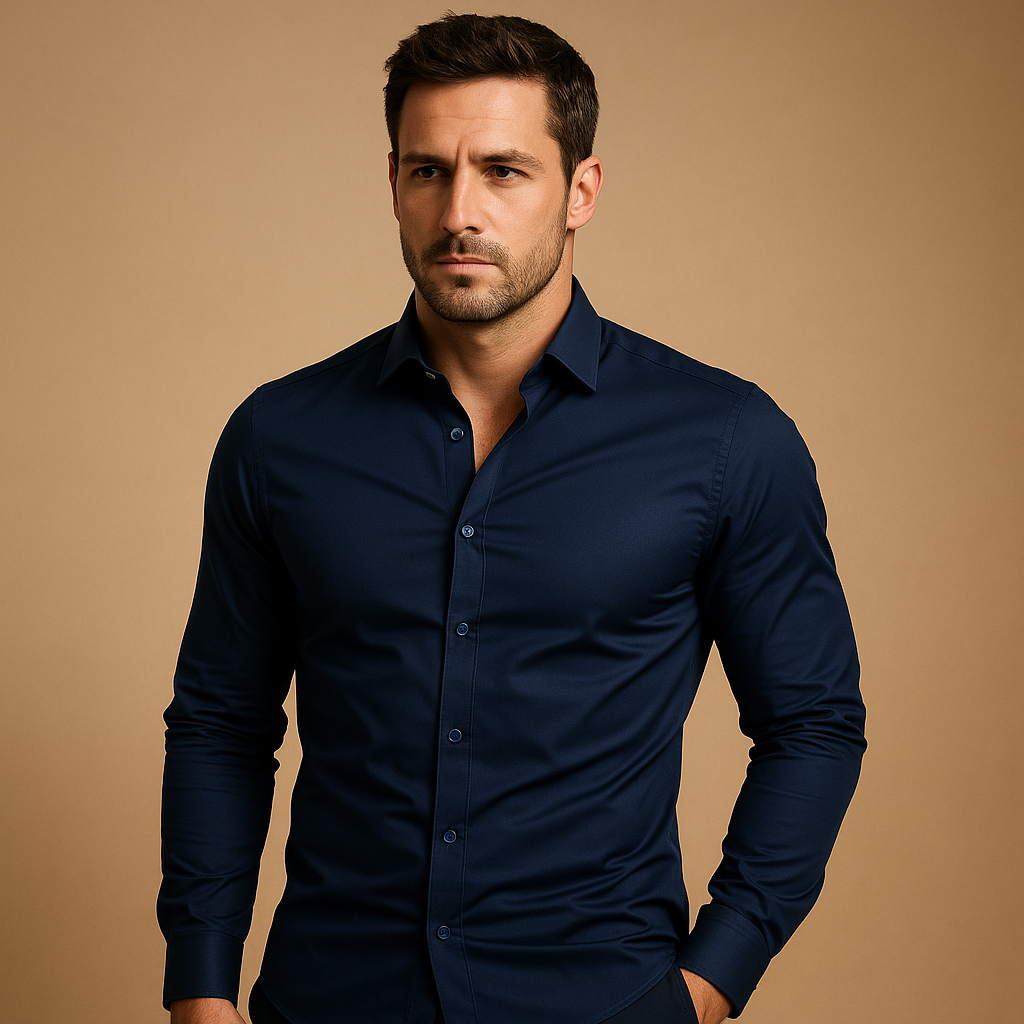 Versatile men's slim fit dress shirt, modern tailored style, long sleeve, collared for business, office & special events.
