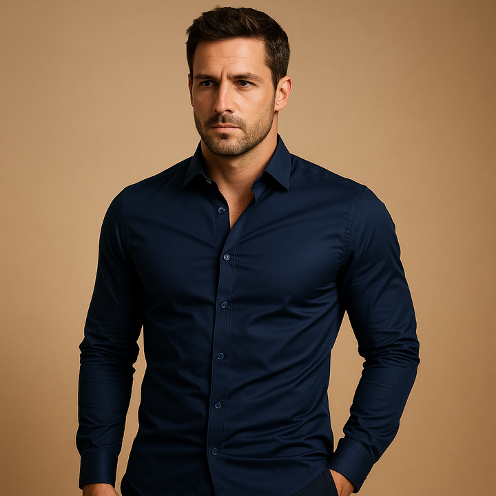 Versatile men's slim fit dress shirt, modern tailored style, long sleeve, collared for business, office & special events.