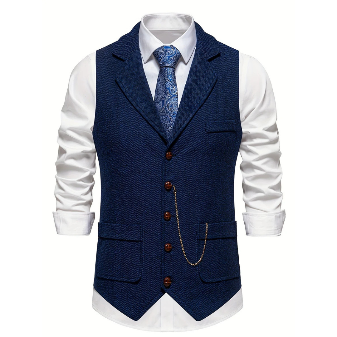 Men's slim fit herringbone textured waistcoat vest. Ideal for sophisticated formal wear or smart casual events.
