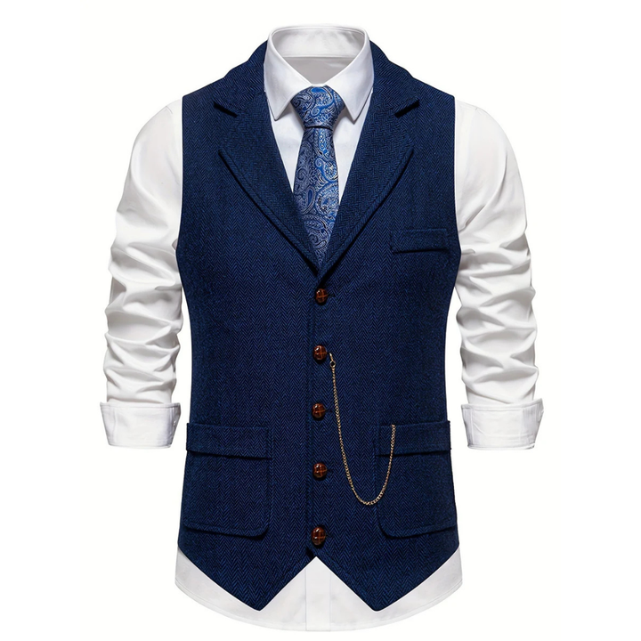 Men's slim fit herringbone textured waistcoat vest. Ideal for sophisticated formal wear or smart casual events.