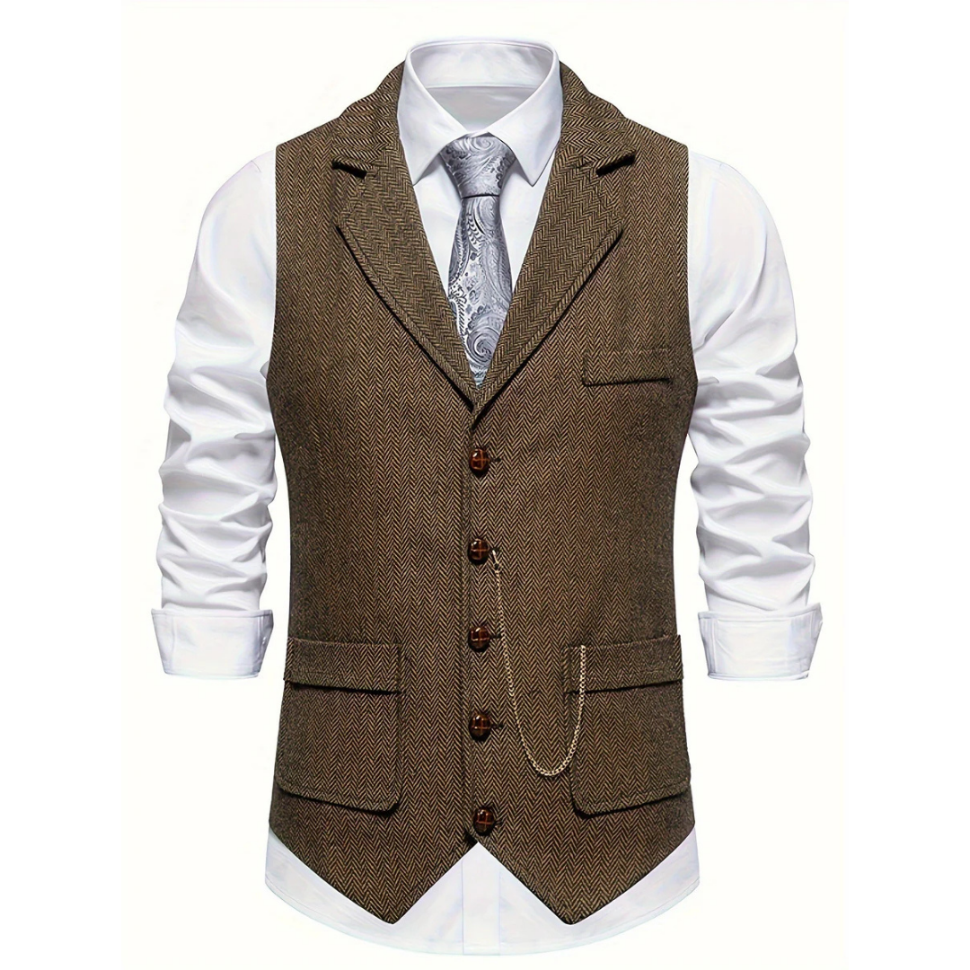 Classic men's slim fit herringbone waistcoat vest with elegant texture. Tailored fashion for men.