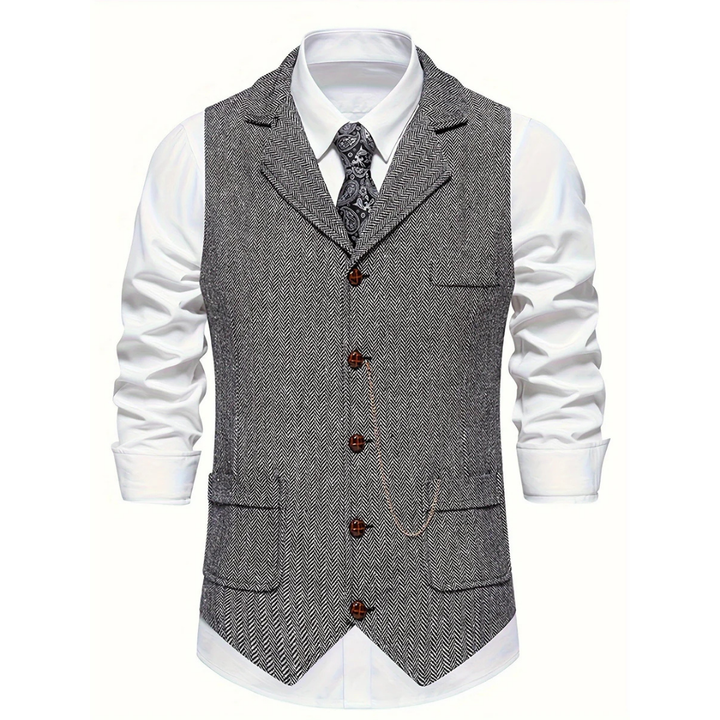 Sophisticated men's slim fit herringbone textured waistcoat. Tailored classic style, perfect for formal wear.