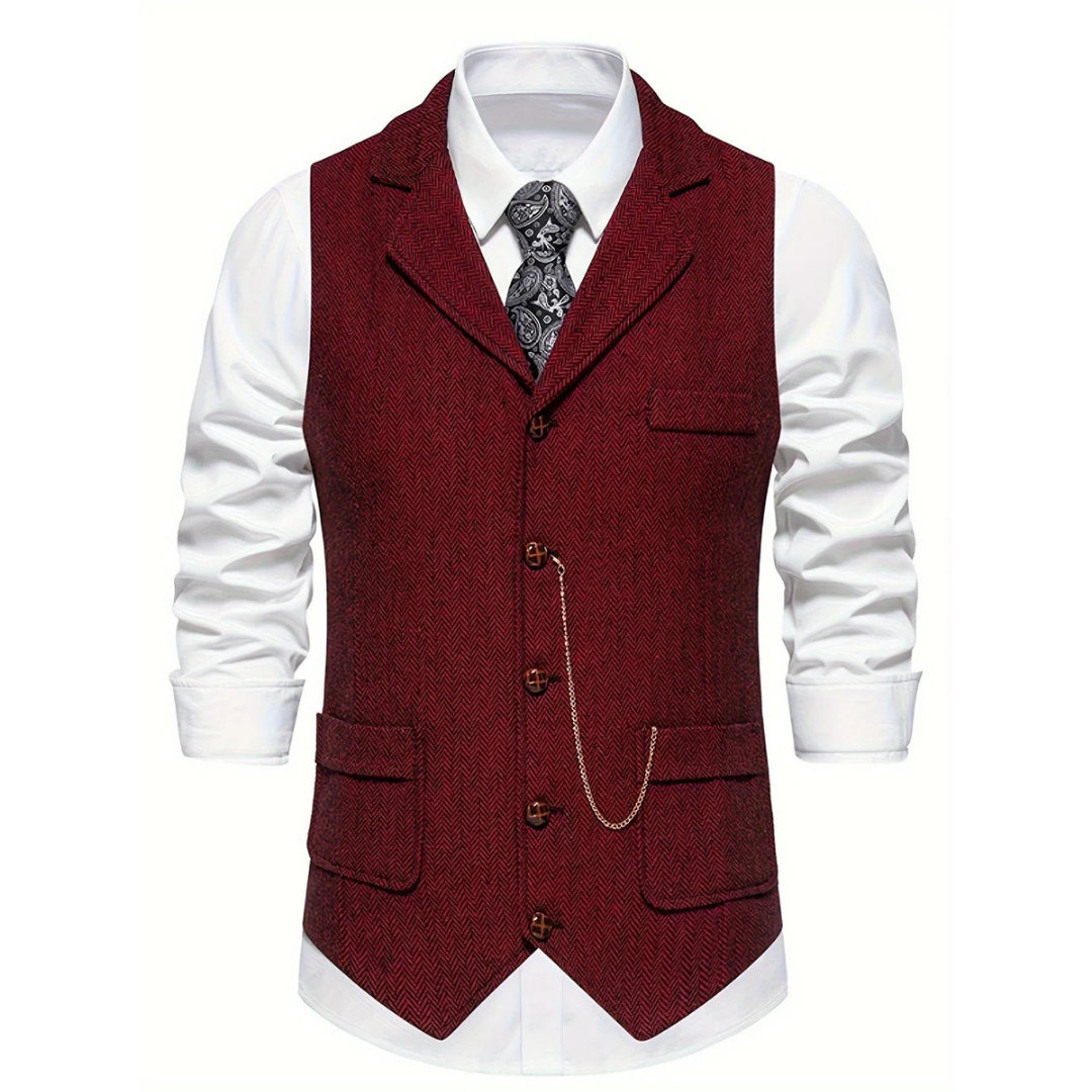 Modern men's slim fit herringbone vest, textured for an elegant and smart casual or formal look.