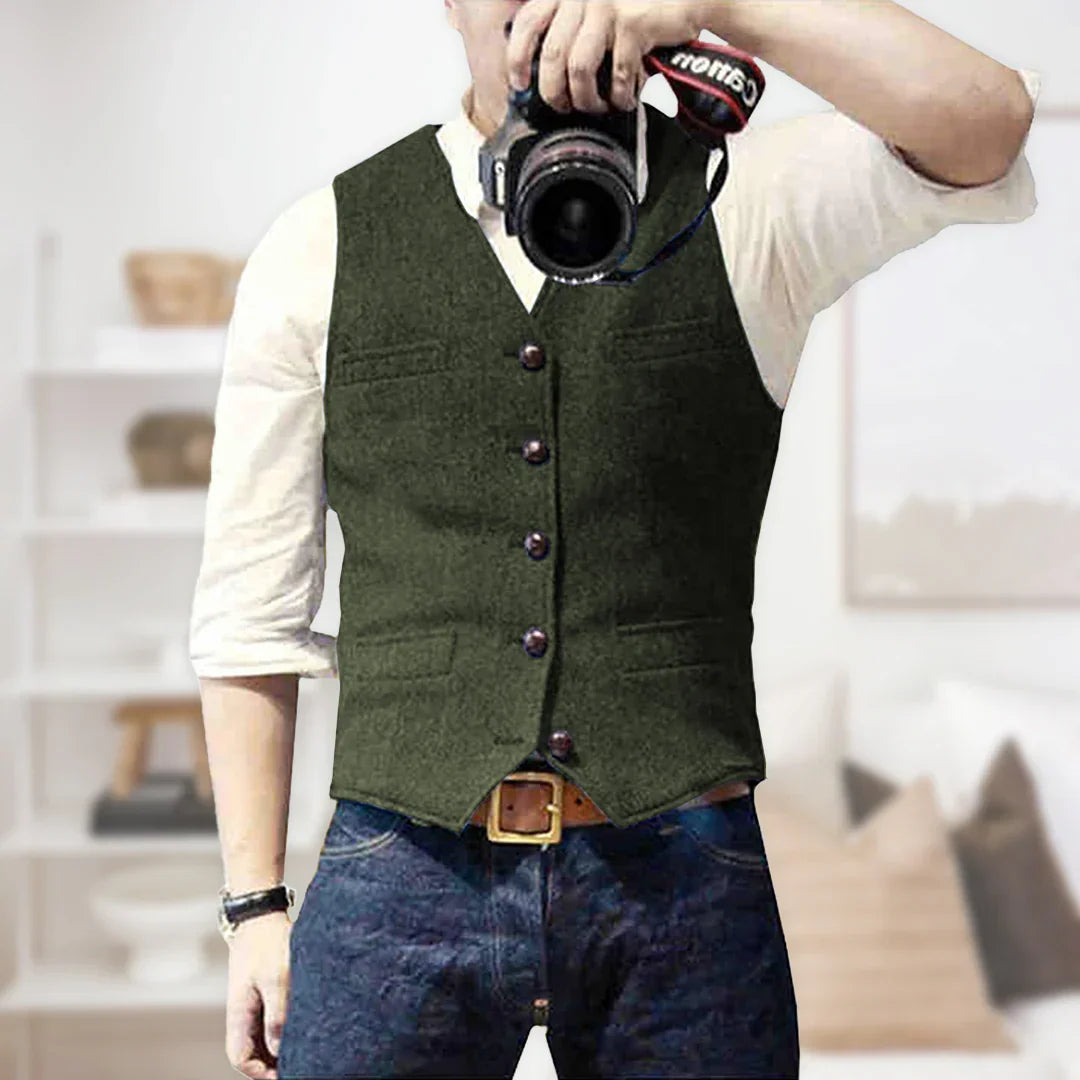 Versatile men's slim fit herringbone tweed waistcoat. Elegant menswear for weddings, business, and formal occasions.