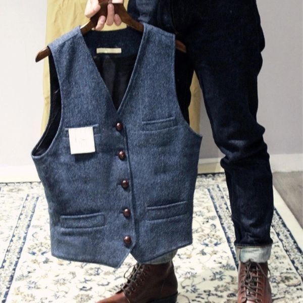Textured herringbone tweed men's waistcoat, slim fit design for a sharp, modern formal look. Classic vest.