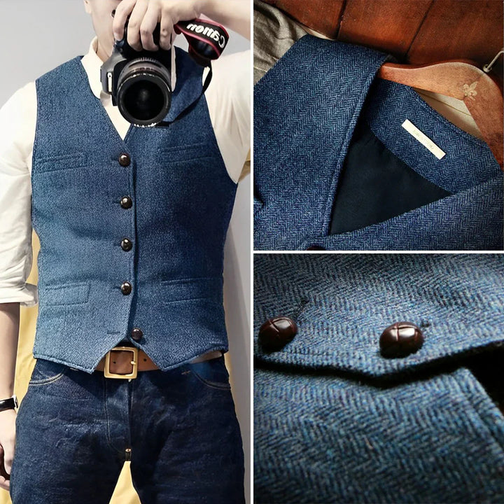 Classic men's slim fit herringbone tweed vest. Elegant formalwear, perfect for weddings & business attire.