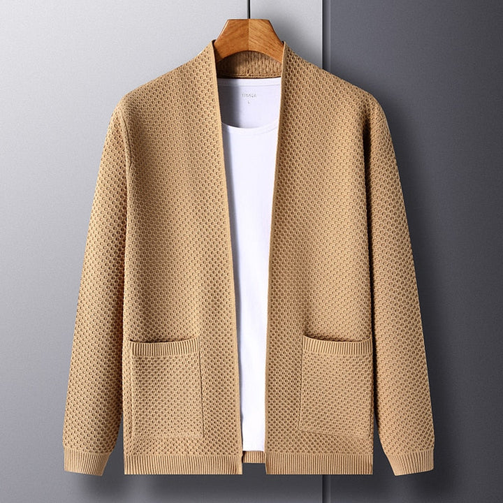 Stylish men's knitted cardigan, slim fit design perfect for modern men's fashion and apparel.